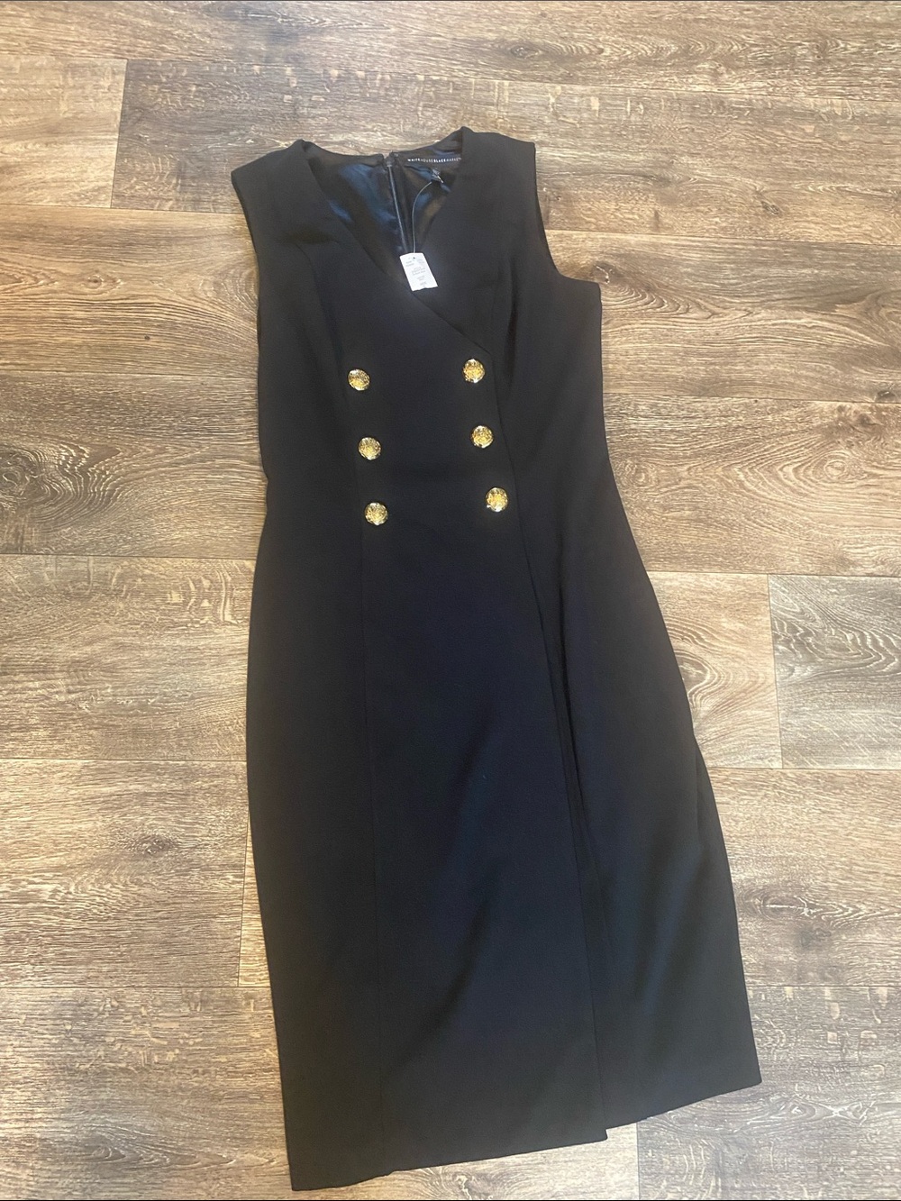 Black Sleeveless Double-Breasted Sheath Dress with Gold Buttons